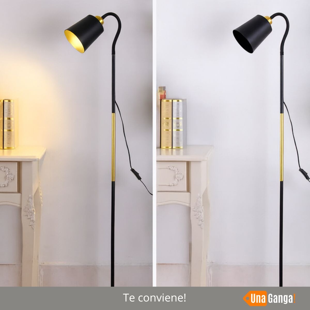 Lámpara De Pie Moderna Negra Cabezal Giratorio Minimalista Negro Con Dorado Negro 