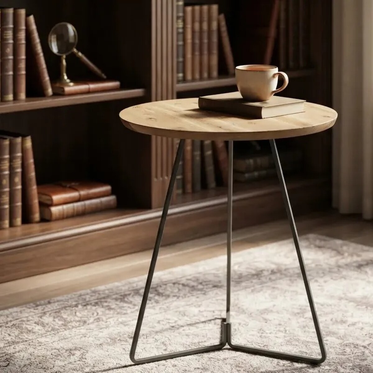 MESA LATERAL REDONDA - TAPA DE MADERA NATURAL Y PIE EN METAL GRAFITO 