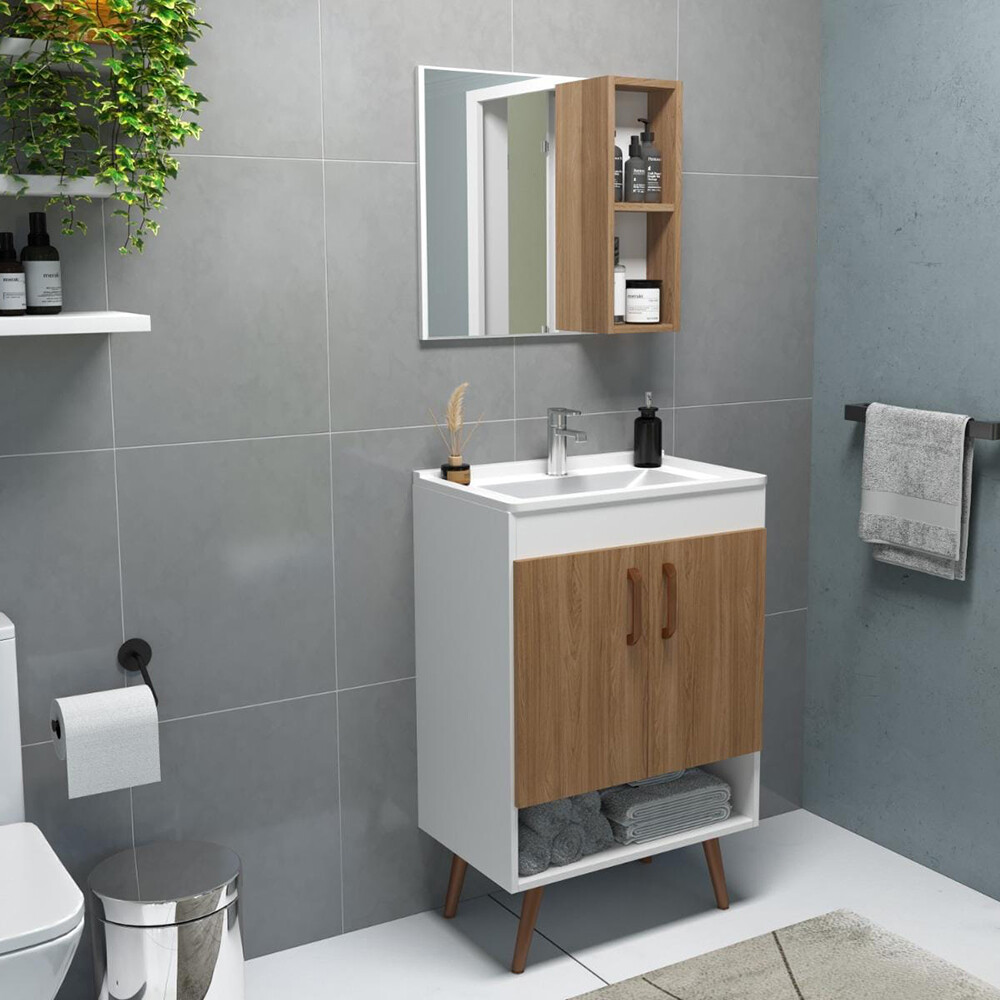 CONJUNTO DE BAÑO VERONA COLOR BLANCO/CARVALHO / MUEBLE + BACHA + ESPEJO / 60 CM Conjunto De Baño Verona Color Blanco/carvalho / Mueble + Bacha + Espejo / 60 Cm