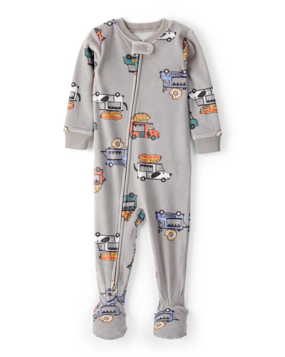 Pijama una pieza de micropolar, con pie, diseño camiones de comida 