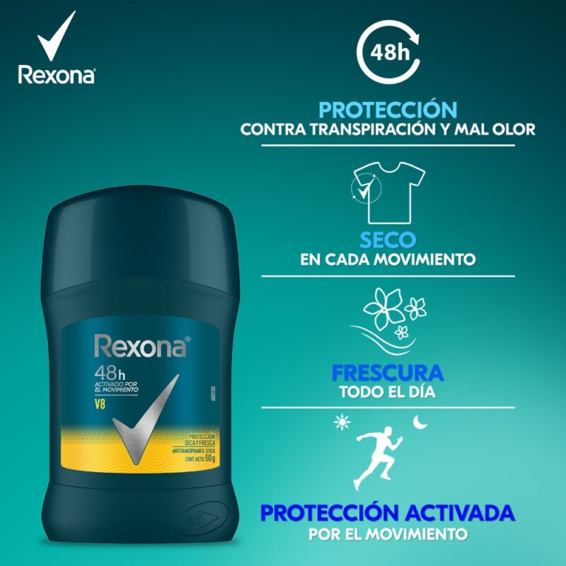 Desodorante Barra Rexona V8 Antitranspirante 50 Ml. Desodorante Barra Rexona V8 Antitranspirante 50 Ml.