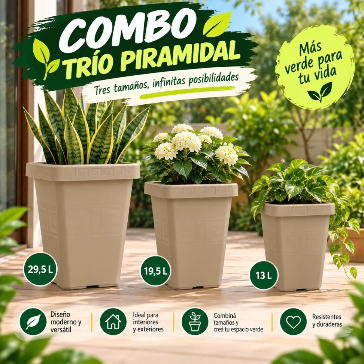 Combo de Macetas Trio Piramidal 29,5-19,5-13 litros 