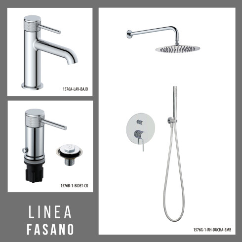 JUEGO DE GRIFERIA MONOCOMANDO BAÑO BRILLO FASANO 3 PIEZAS CROMO