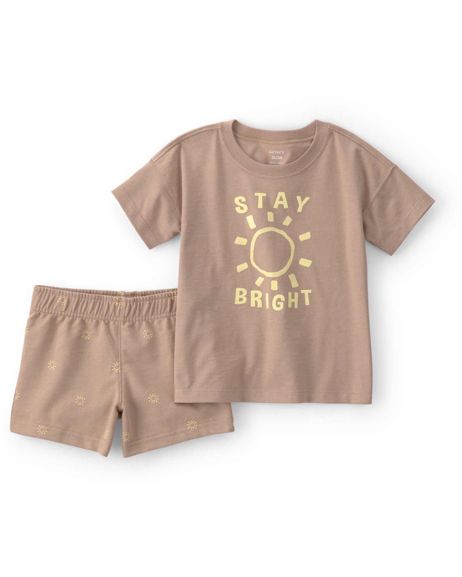 Set dos piezas de algodón, short y remera, marrón, diseño sol Sin color