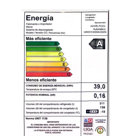 Heladera 447 Lt Inverter Whirlpool WRE57CKDWX Heladera 447 Lt Inverter Whirlpool WRE57CKDWX