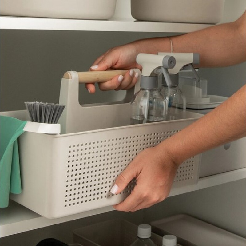 Cesto Organizador con manija de madera Beige