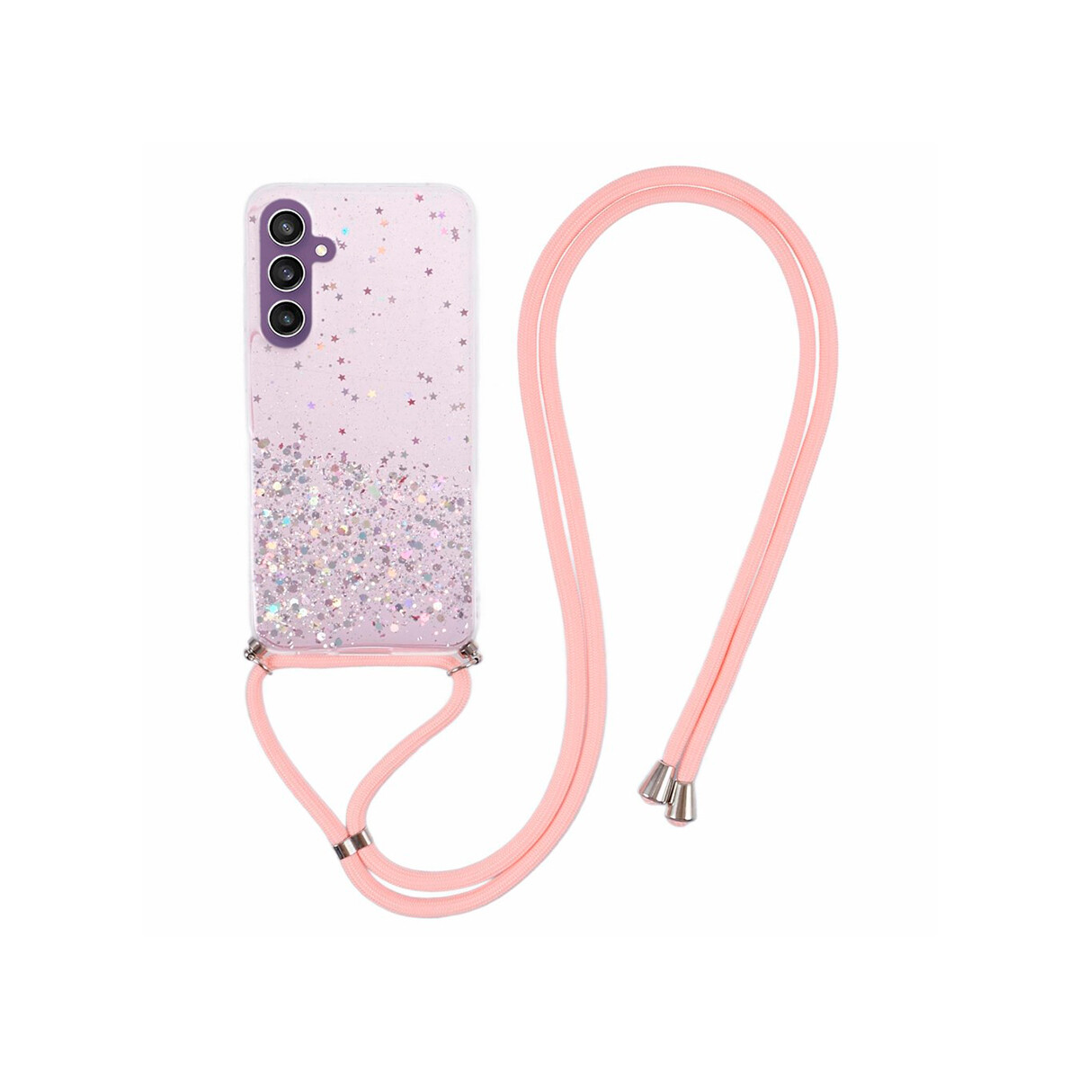 Protector Samsung Galaxy S23 FE con brillos y correa color rosa 