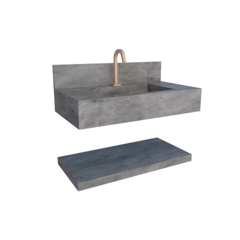Mueble de baño suspendido de porcelanato gris 84 cm con bacha incorporada y estante flotante Mueble De Baño Suspendido De Porcelanato Gris 84 Cm Con Bacha Incorporada Y Estante Flotante