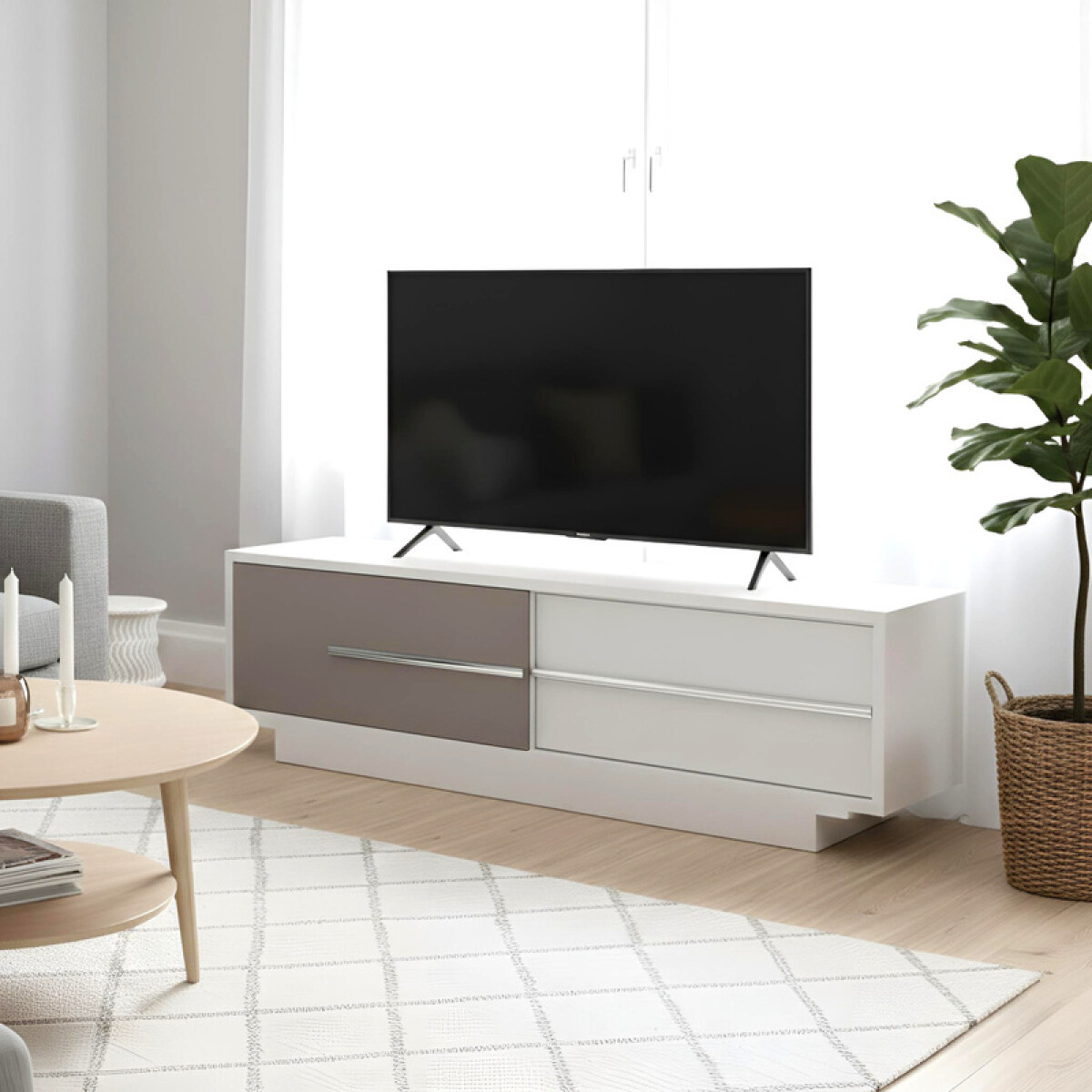 Rack TV 180cm MDP Premium 2 Cajones Metálicos - Blanco/Lacca 