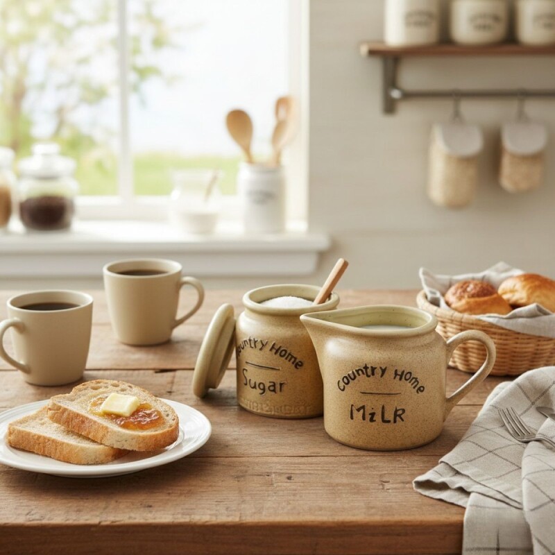 LECHERA Y AZUCARERA CERAMICA BEIGE 2PZAS 8X9CM Unica