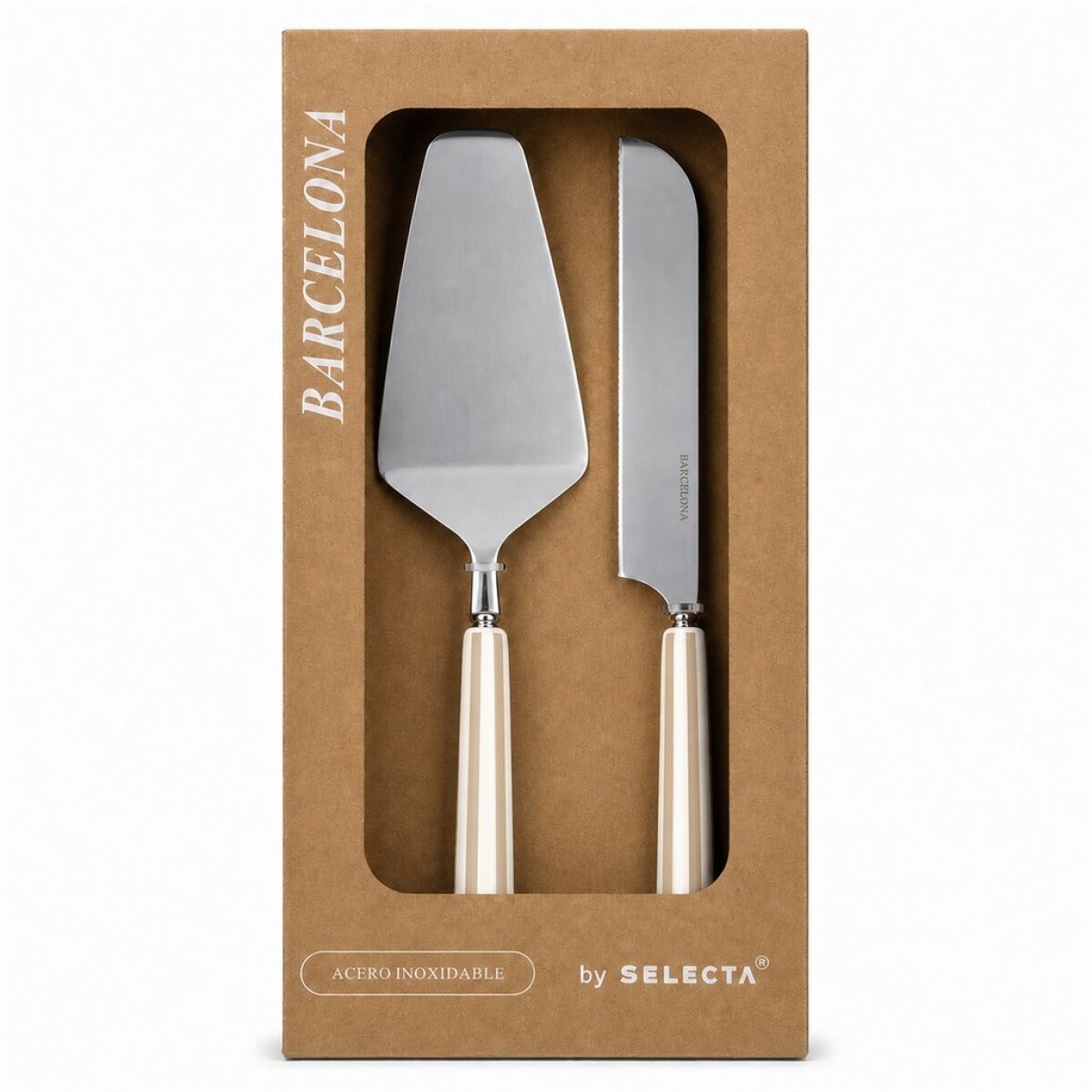 SET PALA Y CUCHILLO TORTA MANGO RAYAS BEIGE "BCN" 