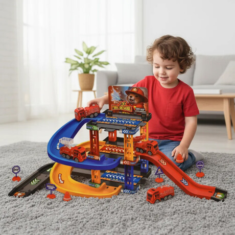 Pista De Bomberos Con Camiones Rampas Accesorios 33 Piezas Rojo