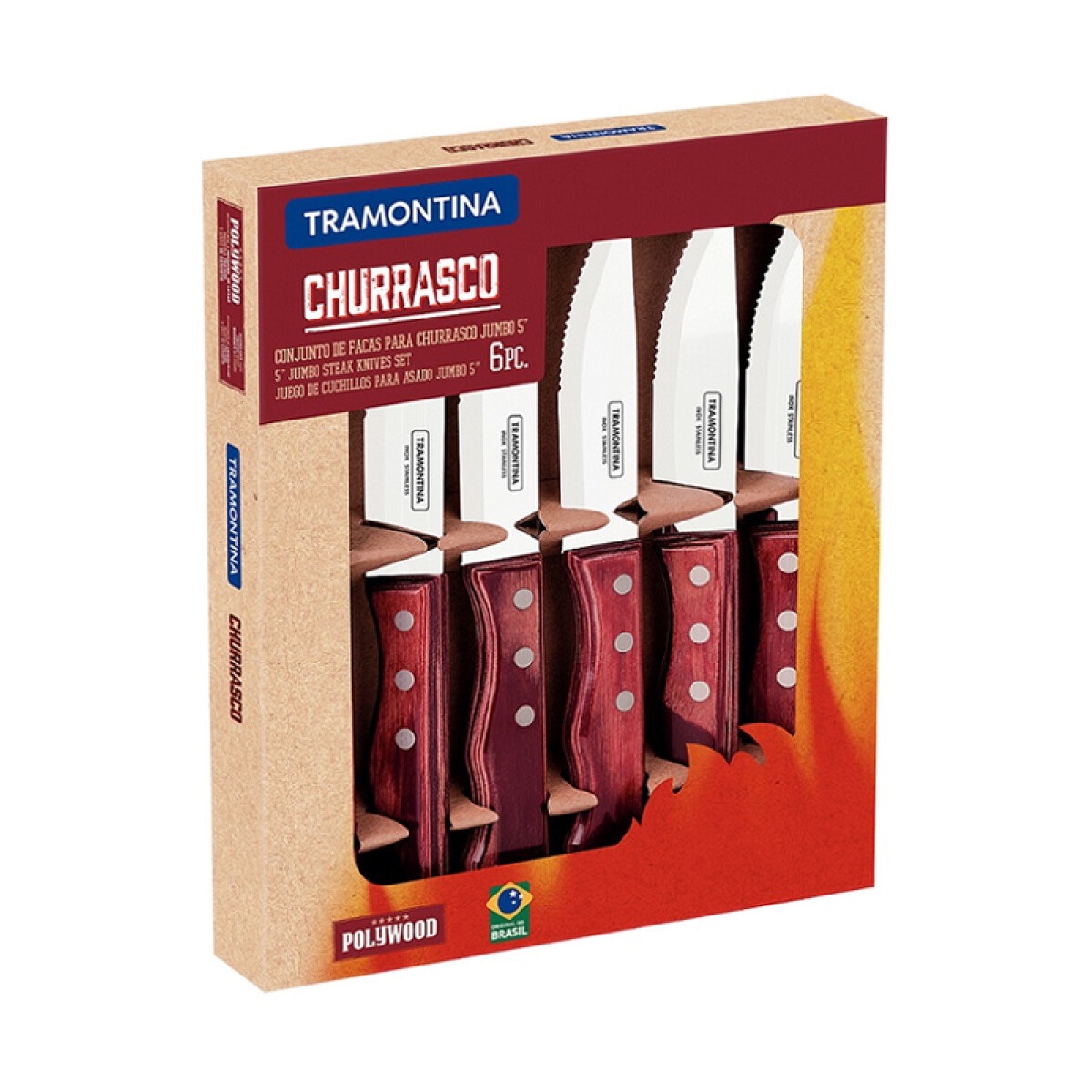 Cuchillo jumbo 5" rojo 6 pzas. Polywood "CHURRASCO" - TN9208 