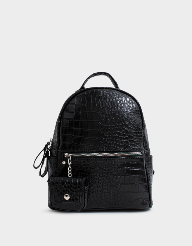 Mochilas Urbanas Mochila Efecto Croco Con Charm - Negro