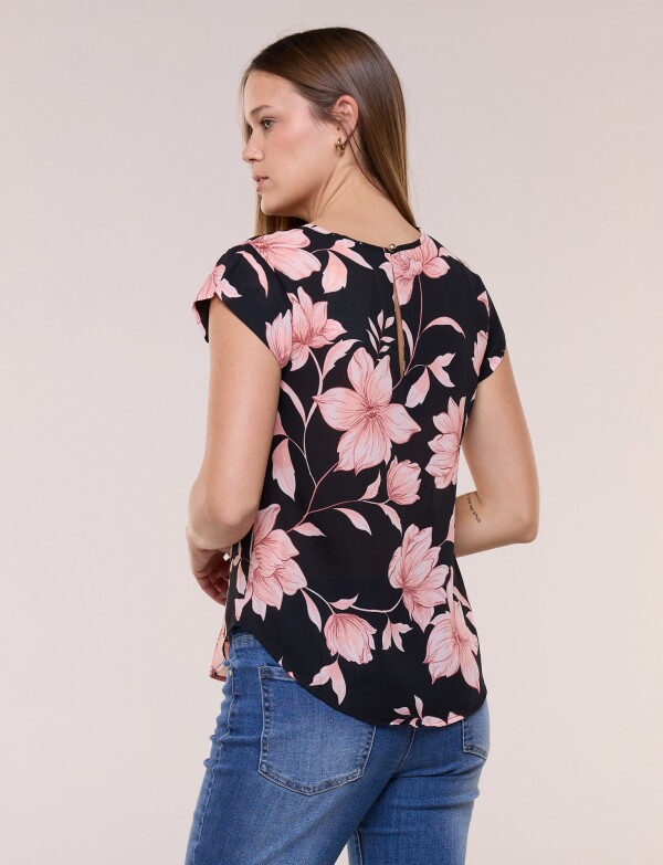 Blusa De Gasa Manga Corta Con Bolsillo Frontal NEGRO/ROSA
