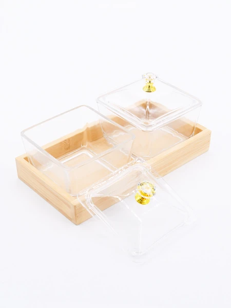 RECIPIENTES DE ACRÍLICO CON BANDEA DE BAMBOO X2 TRANSPARENTE