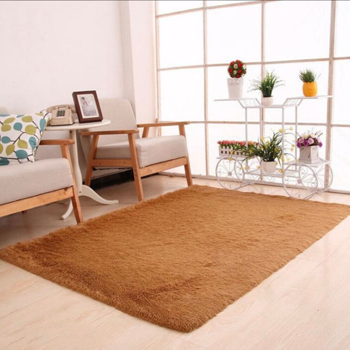 Alfombra Peluda Shaggy Pelo Alto Antideslizante Premium - Color Marrón claro 