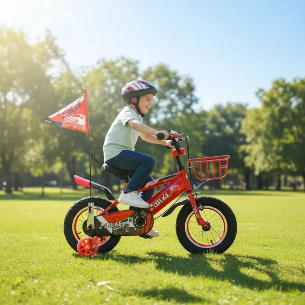 Bicicleta Rodado 12 Con Banderita, Rueditas Y Casco ROJO