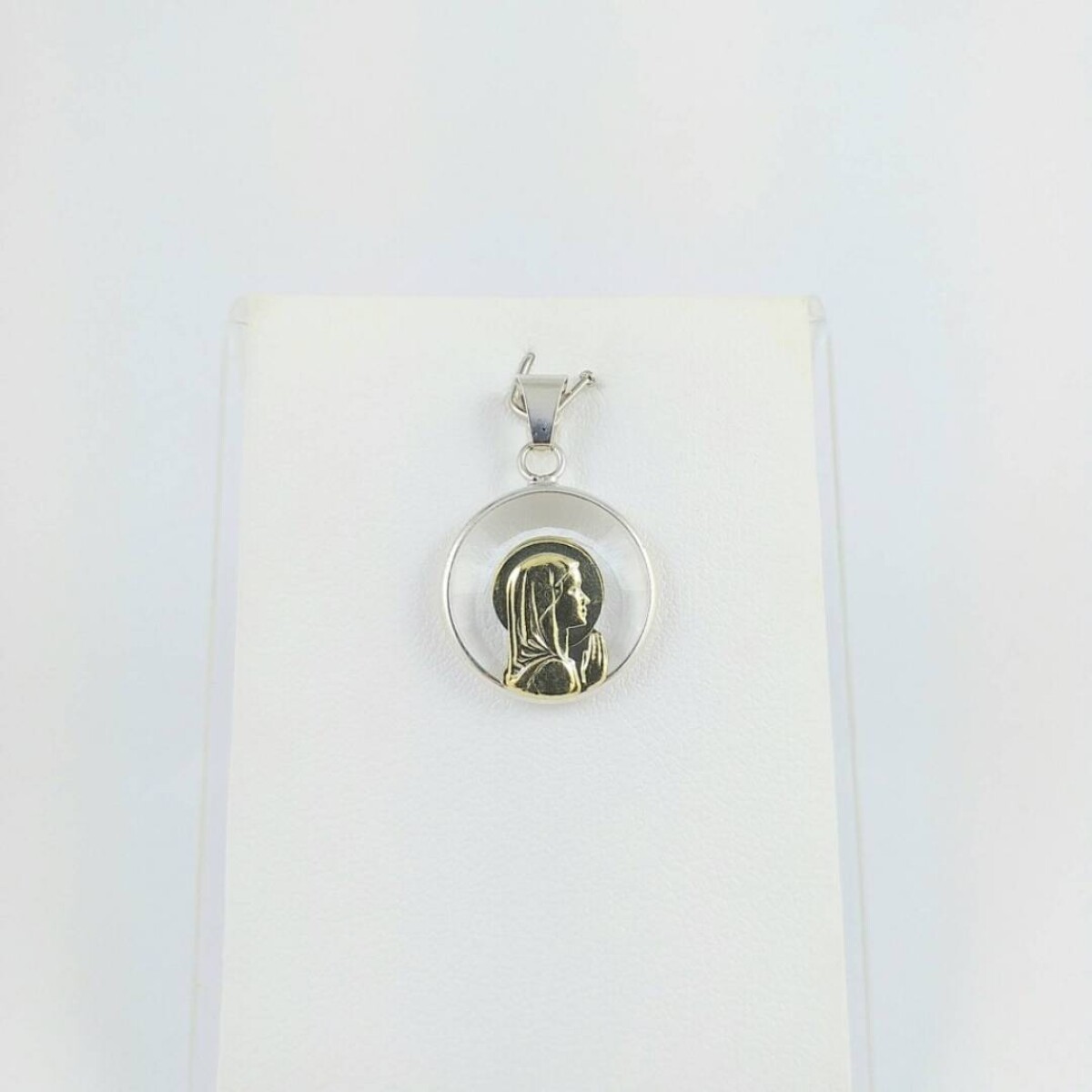 Medalla religiosa de plata 925 Virgen Niña cristal con manto detalles de double en oro 18Ktes - Diámetro 17mm 