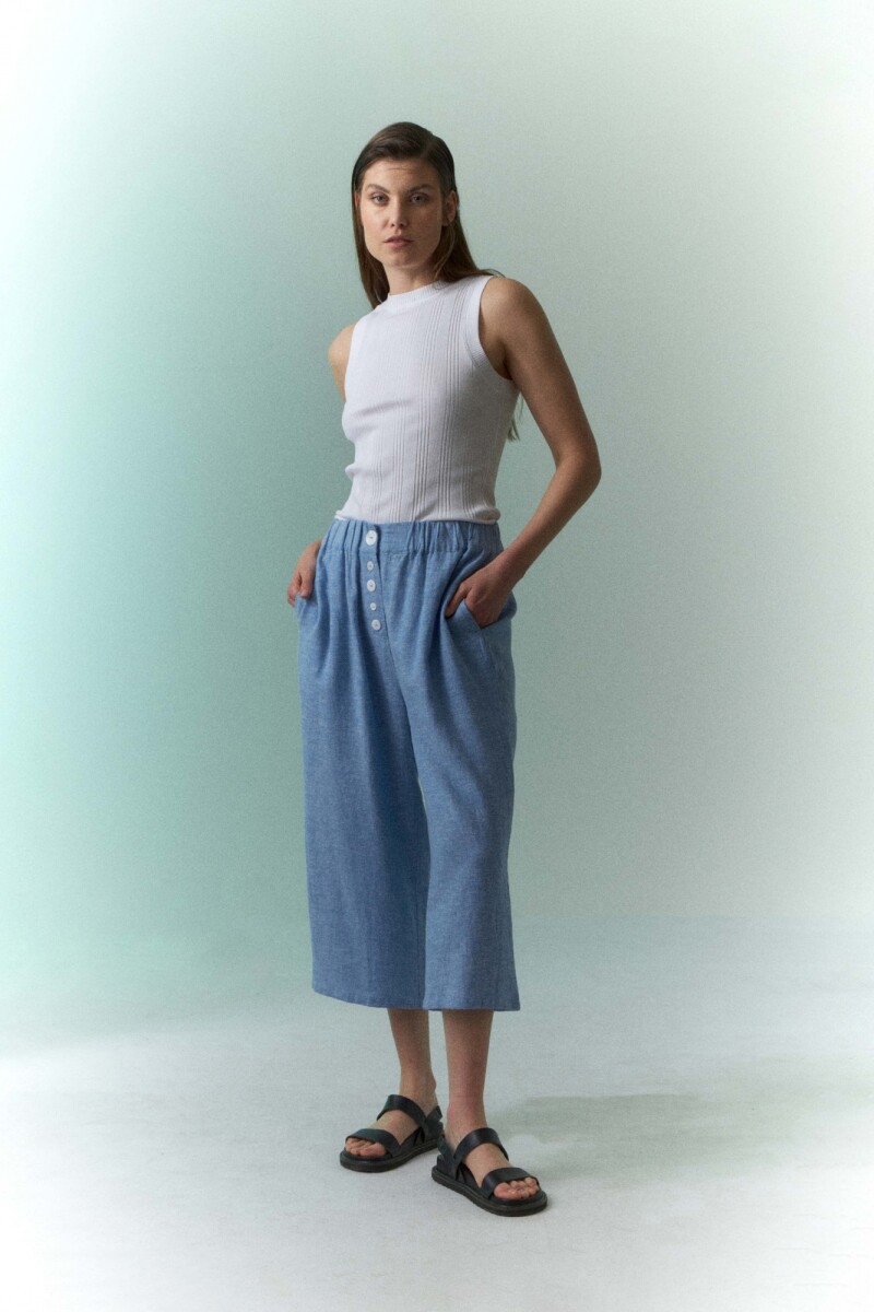 Pantalón wide leg de lino celeste melange