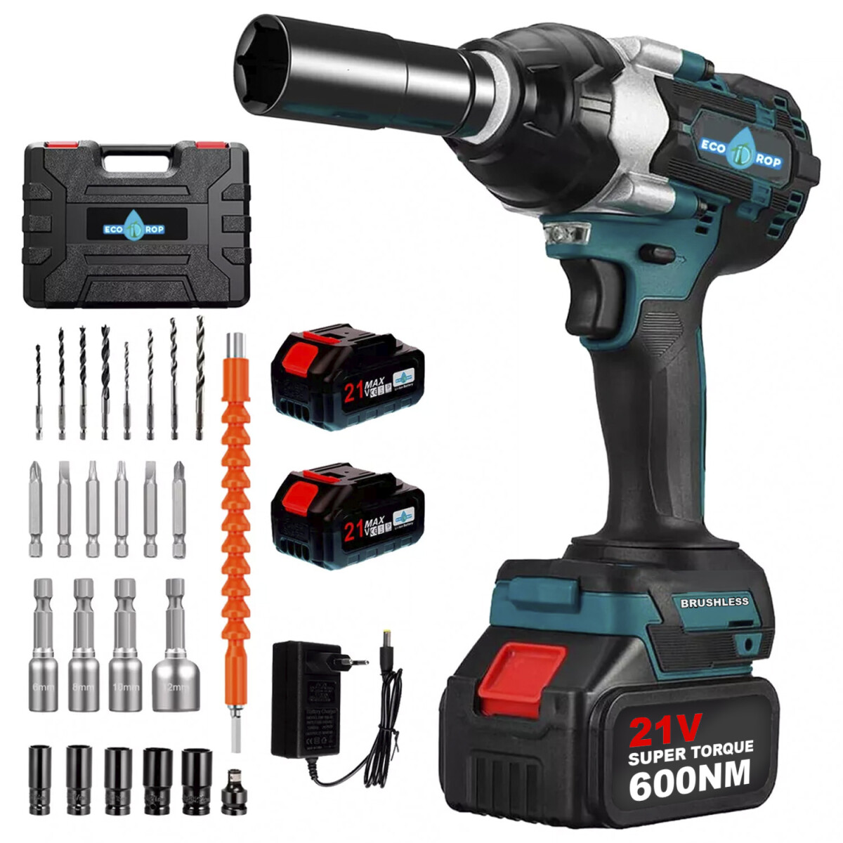 Llave de Impacto Atornillador Brushless EcoDrop 21V 600NM + Accesorios 