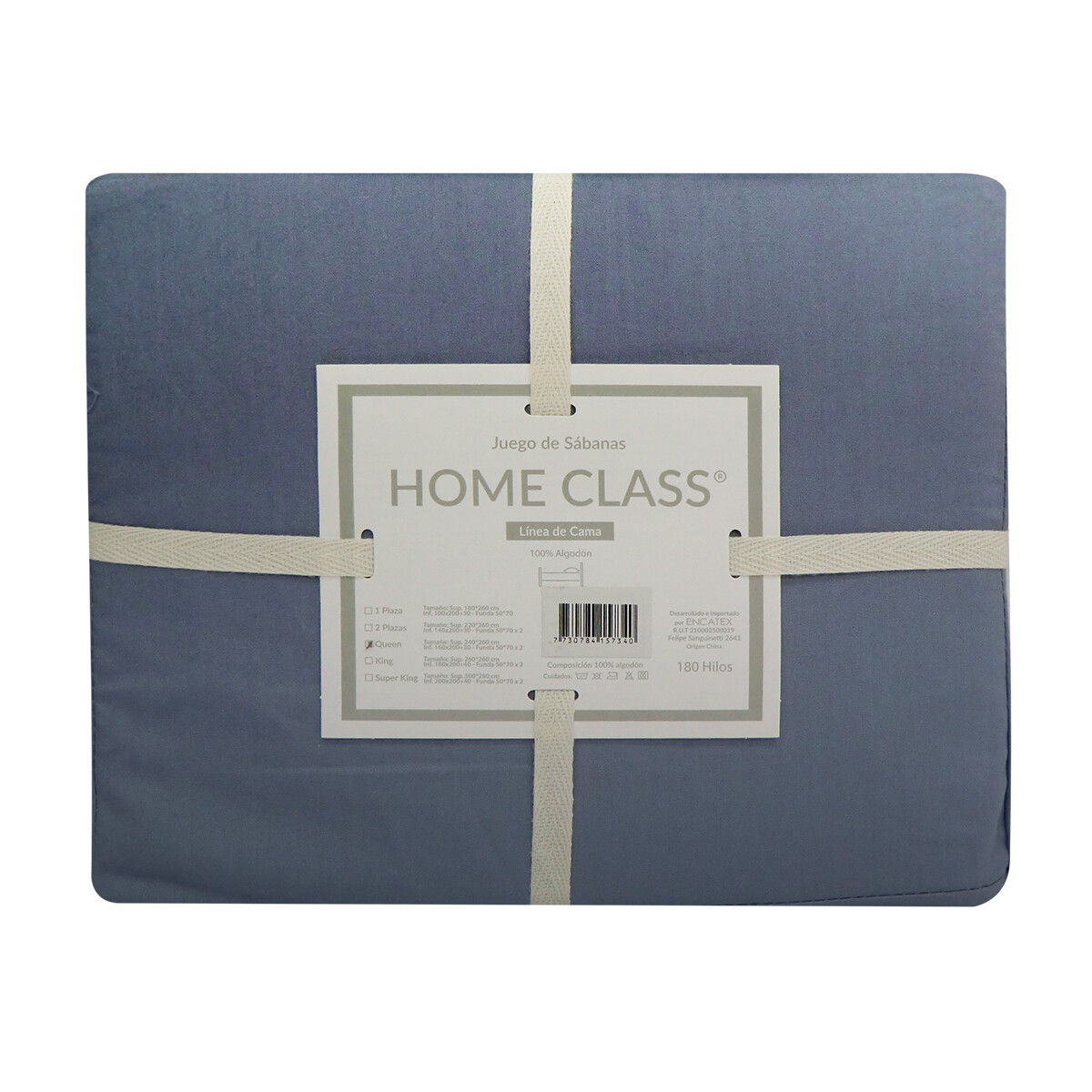 Juego Sábanas Queen Size Home Class Lisas 180 Hilos 100% Algodón - AZUL PIEDRA 