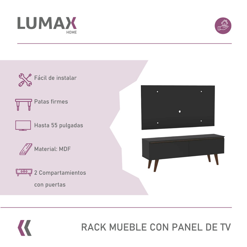 Rack TV mueble Lumax + panel rústico con estantes 55” Negro/Negro