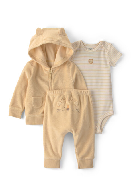 Set tres piezas, campera y pantalón de algodón terry, más body, amarillo, diseño león Sin color