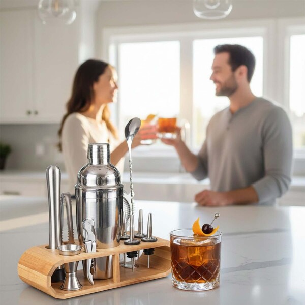 Set de Coctelería Kit 12 pcs Acero Inoxidable C/ Base Madera Plateado