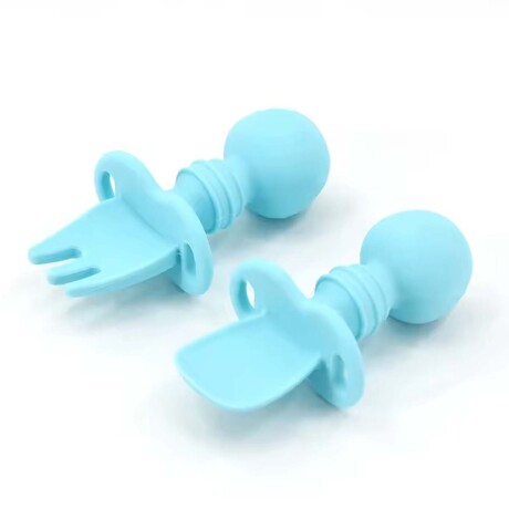 Set Comida Bebé Silicona Plato Divisiones + Cuchara Tenedor Celeste/celeste