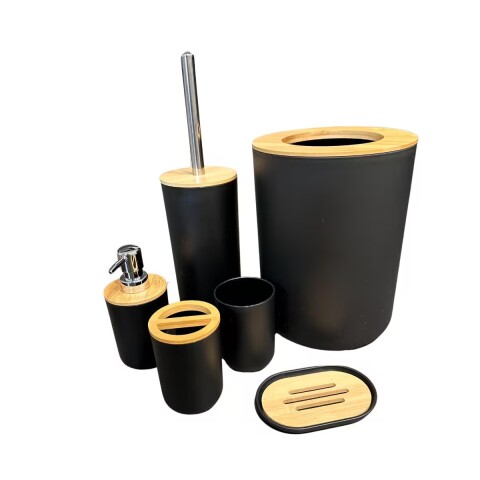 Set de baño 6 pz Negro y madera (papelera-dispensadores) Set De Baño 6 Pz Negro Y Madera (papelera-dispensadores)