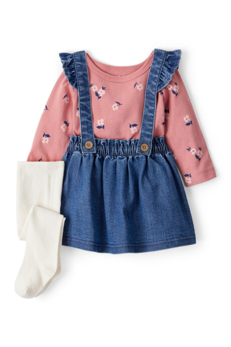 Set tres piezas, jumper jean, remera floral y medias Set tres piezas, jumper jean, remera floral y medias