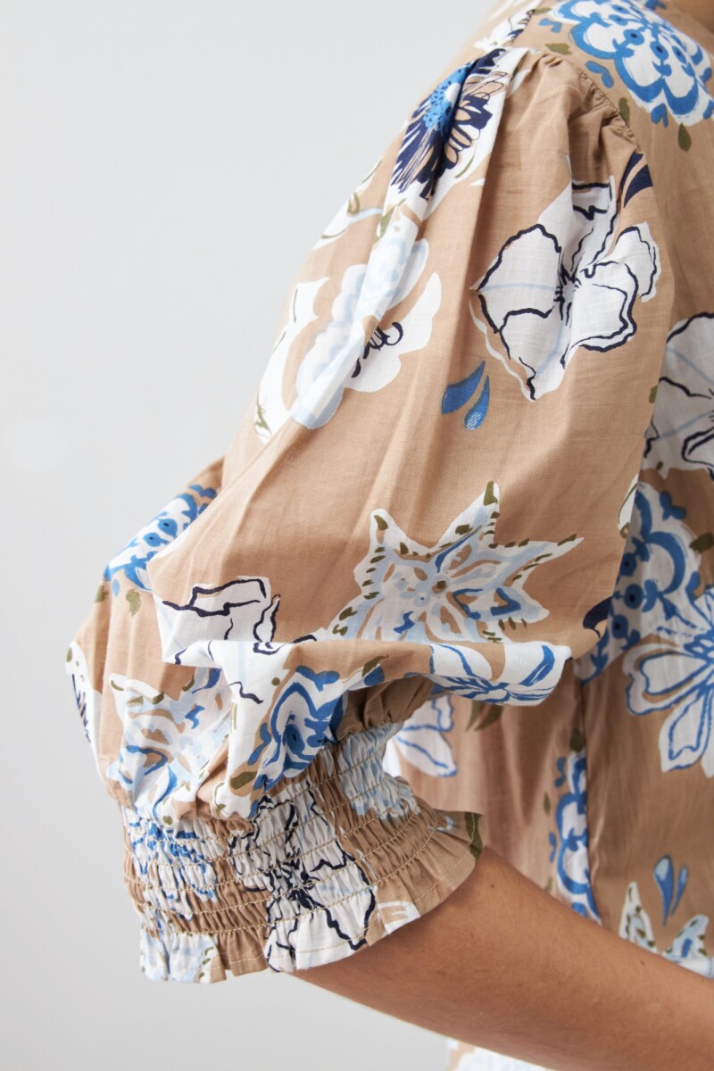 Camisa manga abullonada estampa floreada tostado