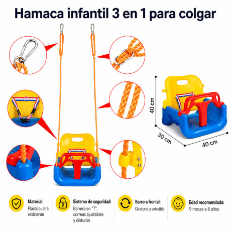 Hamaca Infantil 3en1 Adaptable Bebé Niño Plástico c/Cuerdas Azul