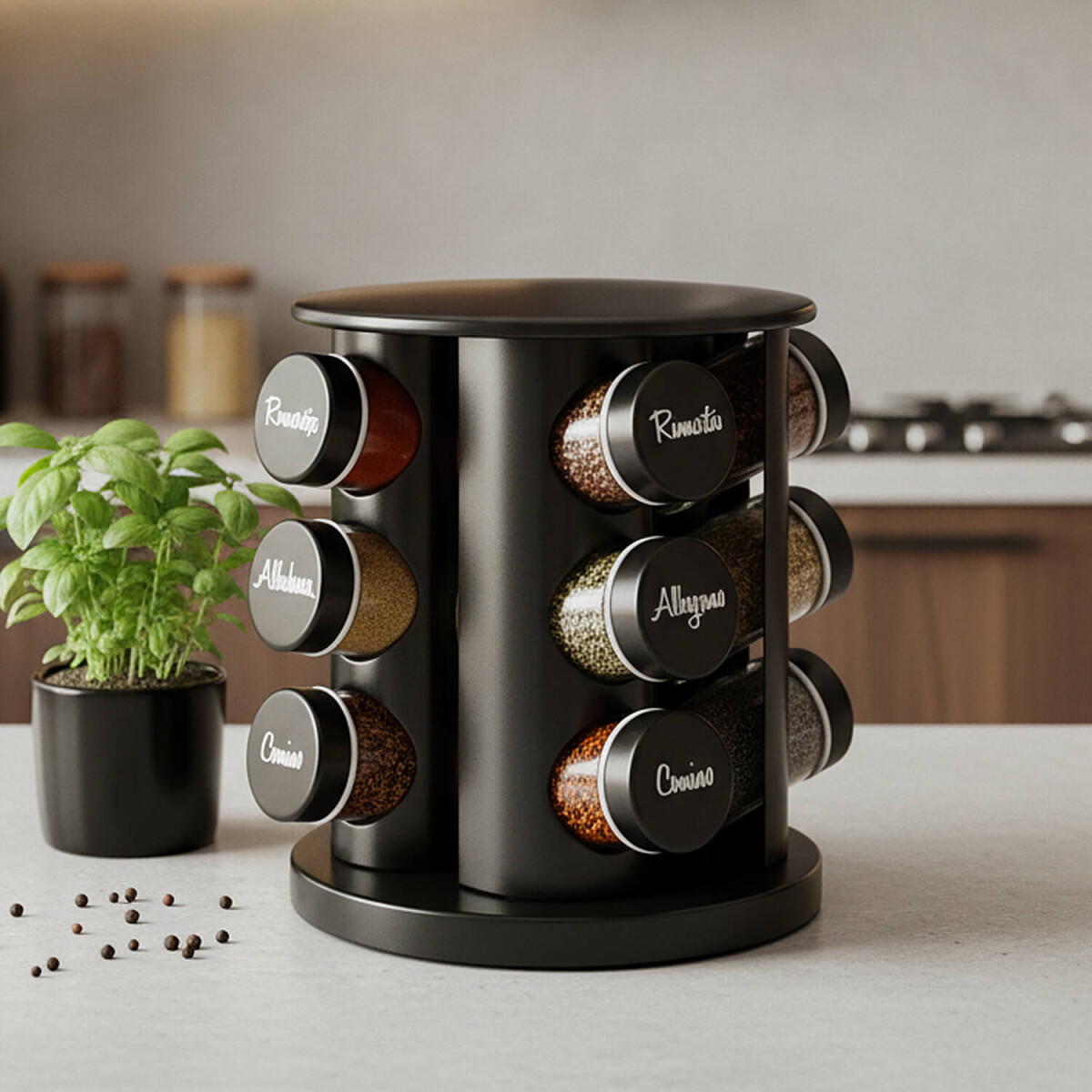 Especiero Giratorio 12 Frascos Vidrio Para Condimentos Cocina Acero Inoxidable Imback Negro 
