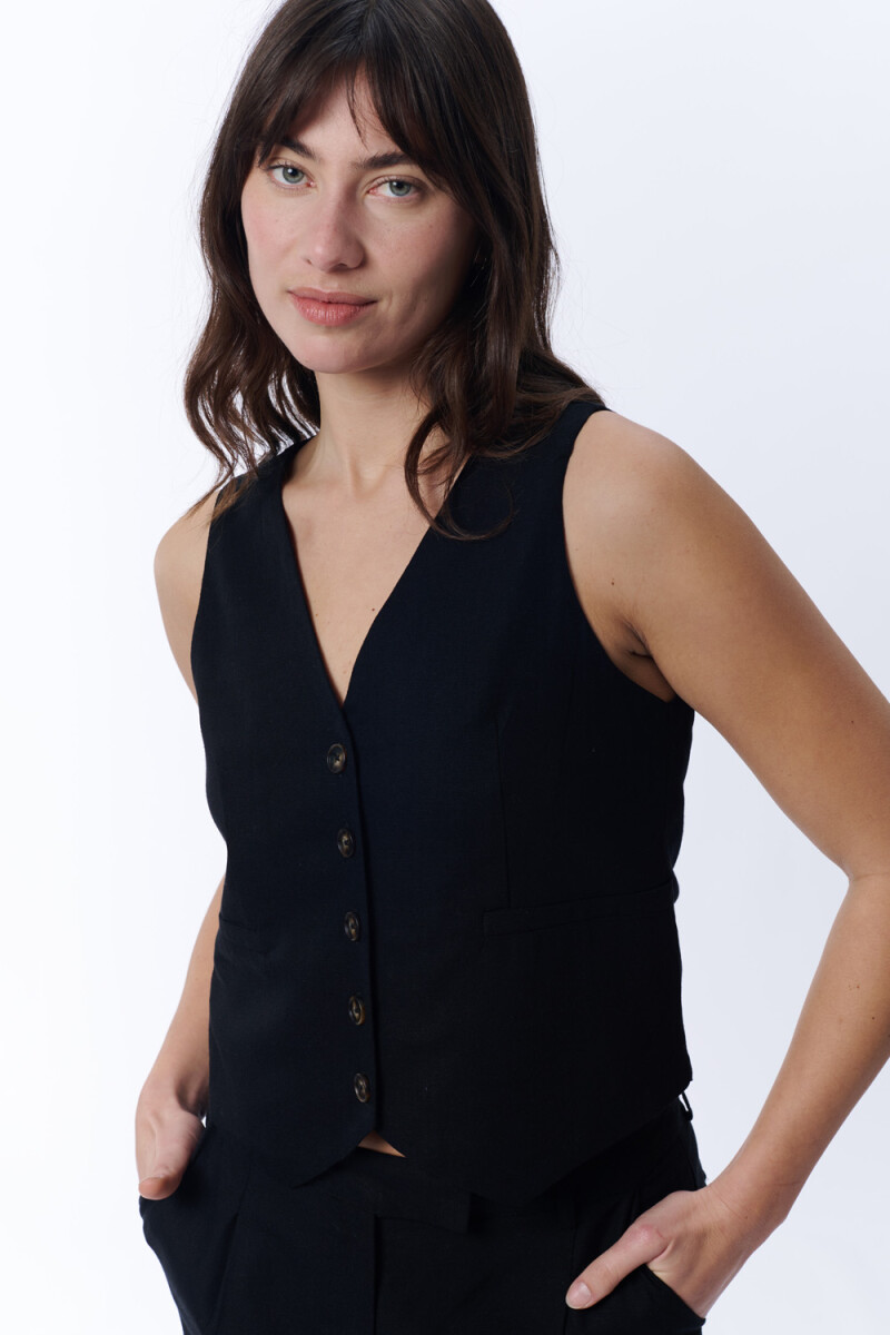 Chaleco Corto Con Lino - Negro 