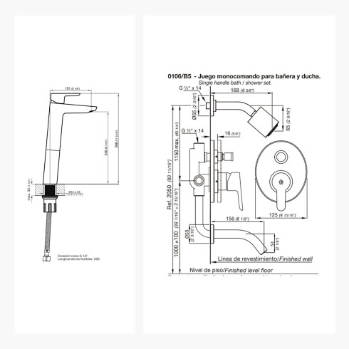 JUEGO DE GRIFERIA, INCLUYE DUCHA EMBUTIDA CON TRANSFERENCIA Y LAVATORIO ALTO LINEA PUELO FV 000