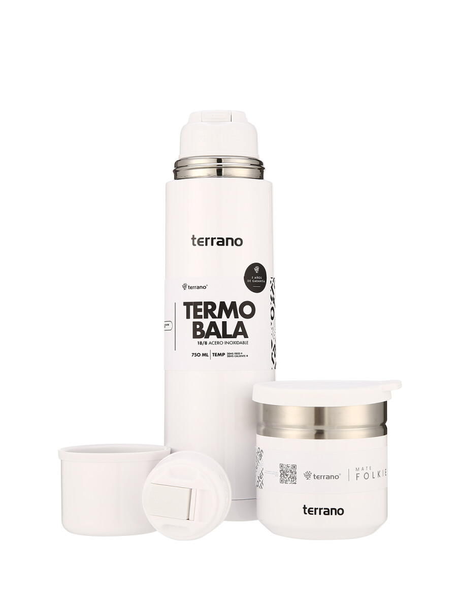 Kit Termo Acero Bala Metalizado 750mL + Mate Folkie - Blanco 
