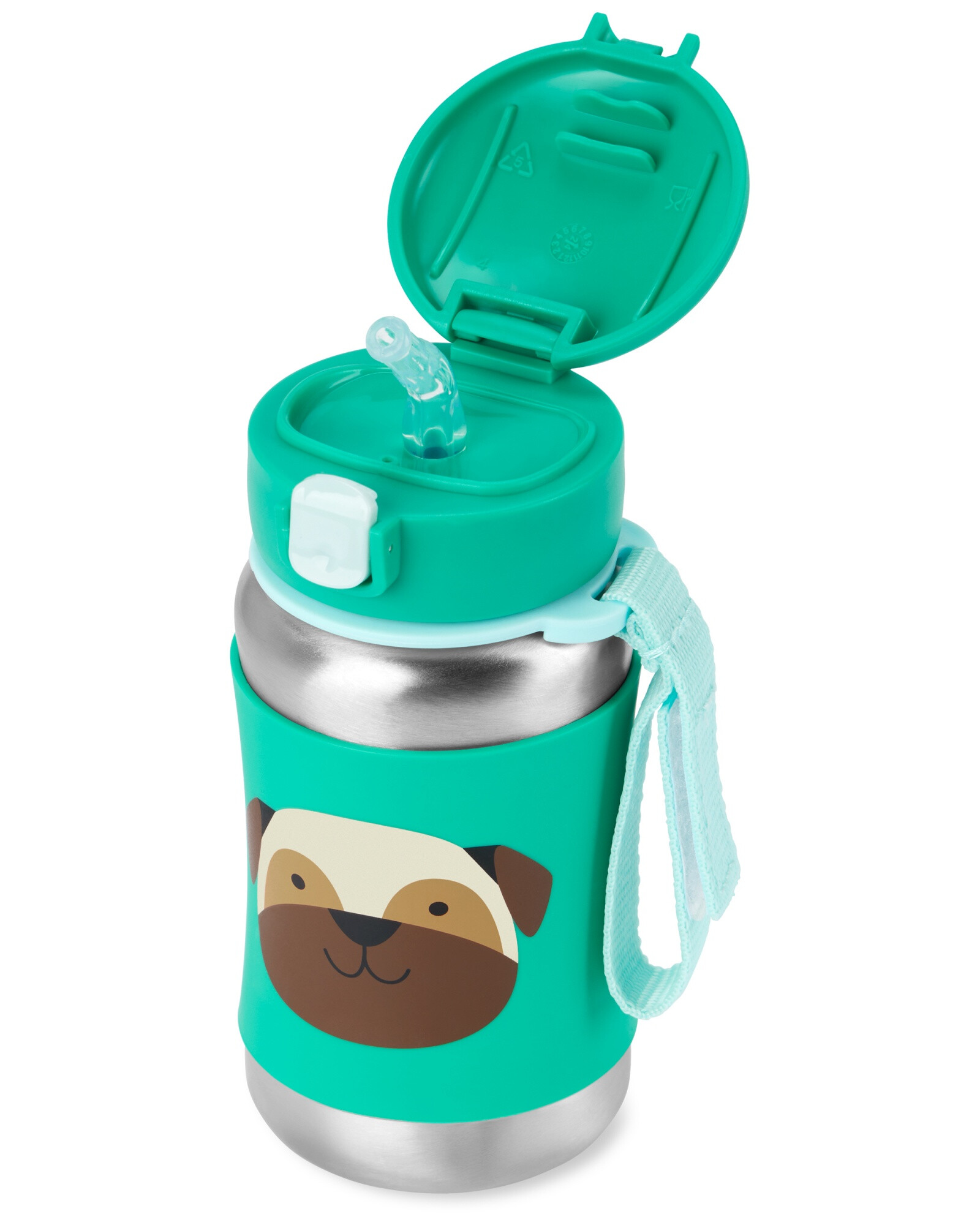 Botella de acero inoxidable con sorbito, diseño pug Botella de acero inoxidable con sorbito, diseño pug