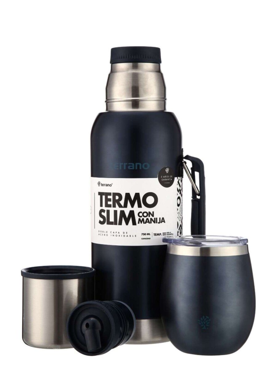 Kit Termo 750Ml. Slim Con Manija + Mate De Acero Con Tapa - Azul Metalizado 