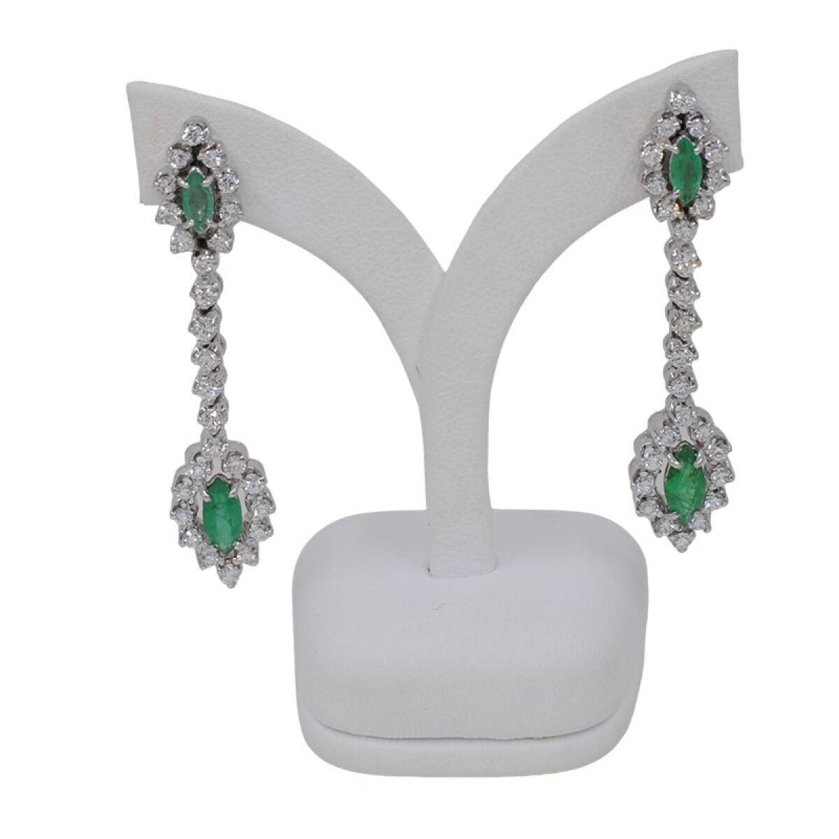 Caravanas Largas En Oro 18K Blanco, Esmeraldas Y Brillantes. 