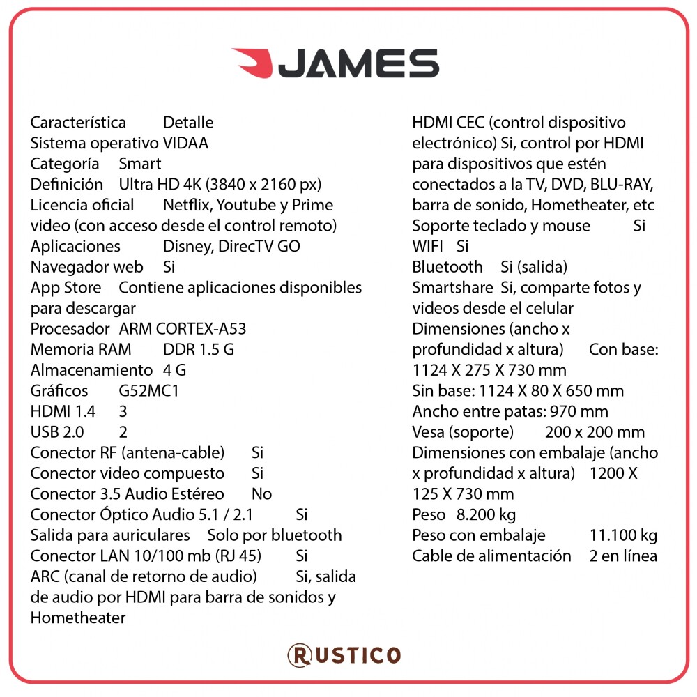 Televisor Smart TV - James 50'' Ultra HD 4K LED Televisor Smart TV - James 50'' Ultra HD 4K LED