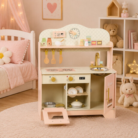 Cocina Infantil De Madera Accesorios Didáctica Duradera Rosa