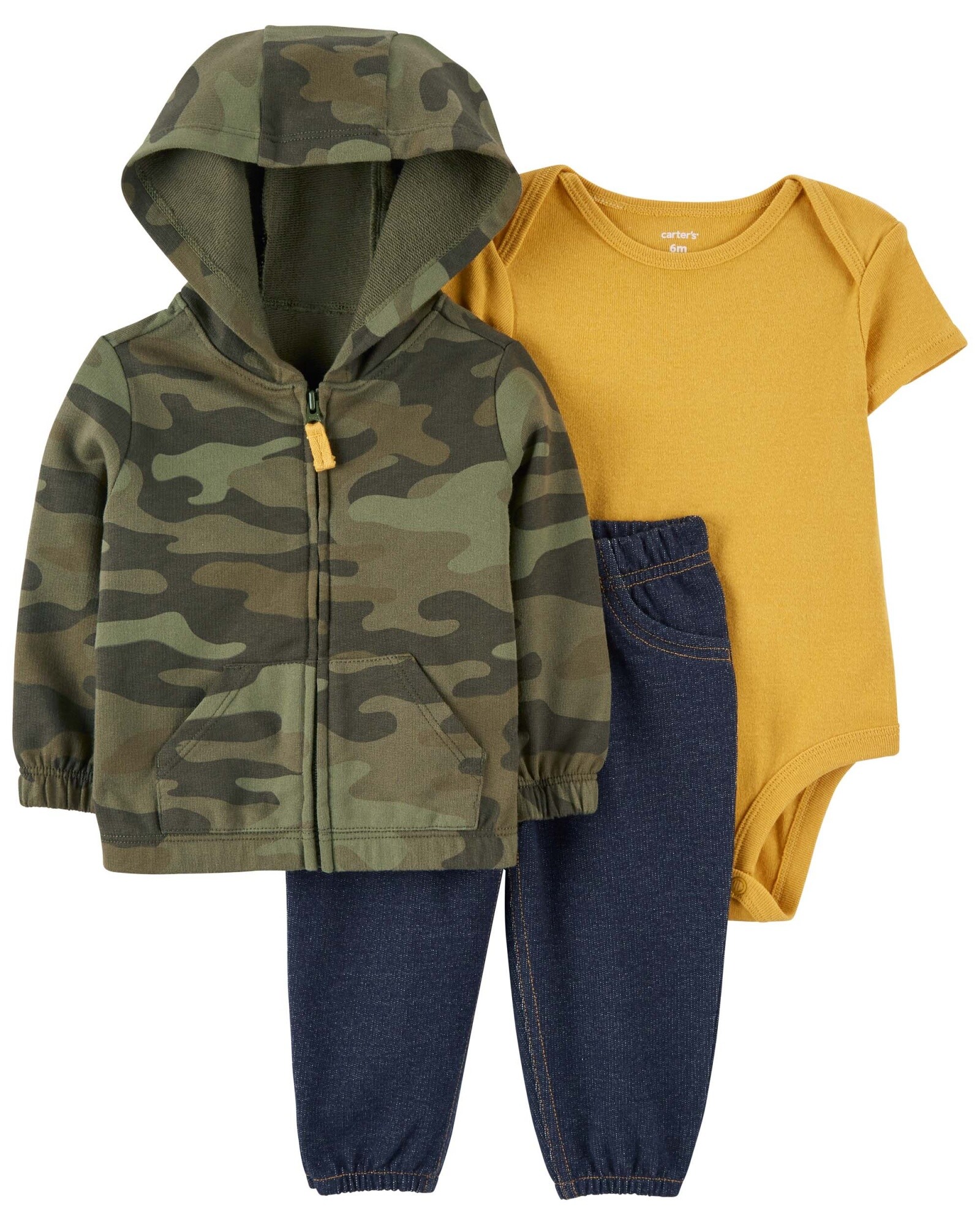 Set tres piezas, campera camuflada, pantalón jean y body de