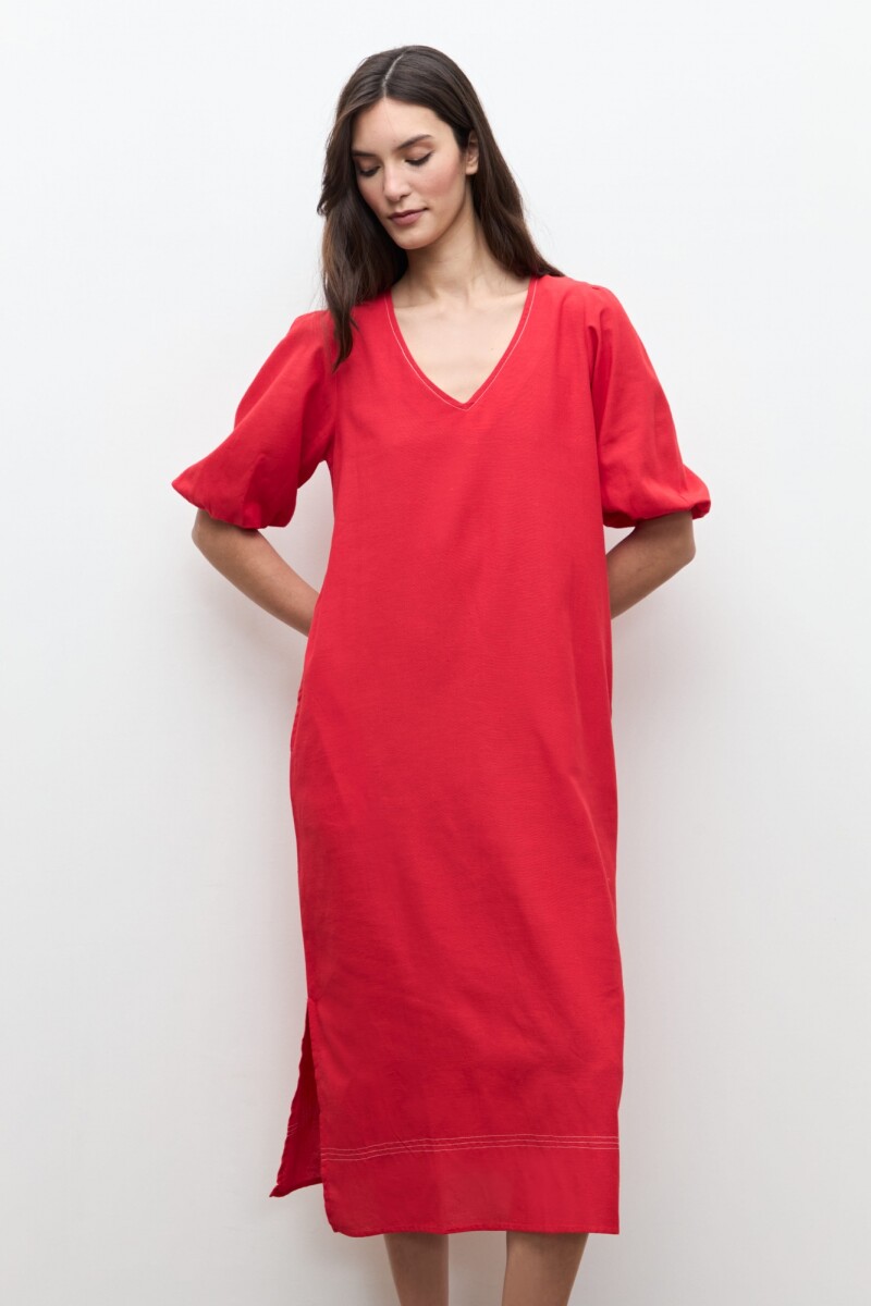 Maxi vestido mangas abullonadas rojo