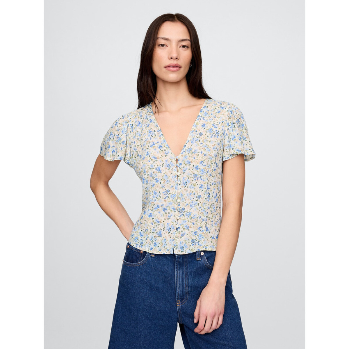 SS CREPE BTN FRONT TOP - BLUE DITSY FLORAL 
