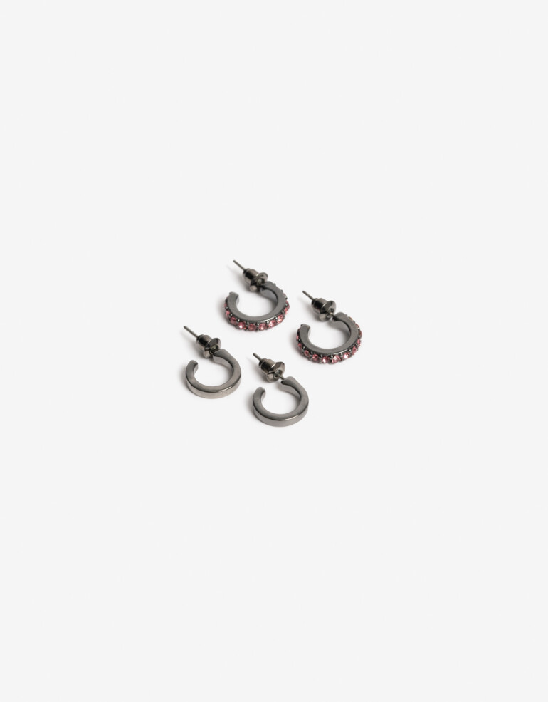 Aros Argollas Set Strass Set De Argollas Metal Y Strass - Negro