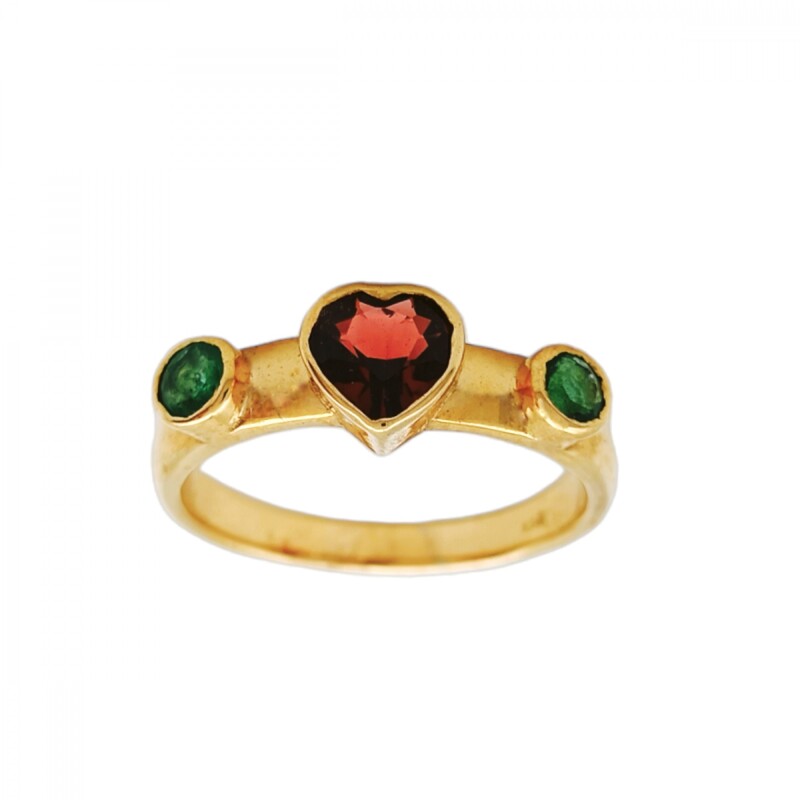 Anillo Corazón-Plata rodinada con micra oro 18k-Piedra Granate y Esmeralda-AN2000 conpiedra