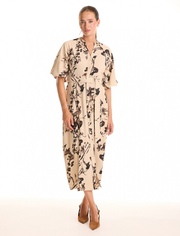 Vestido Maxi Cinto Flores BEIGE/MULTI