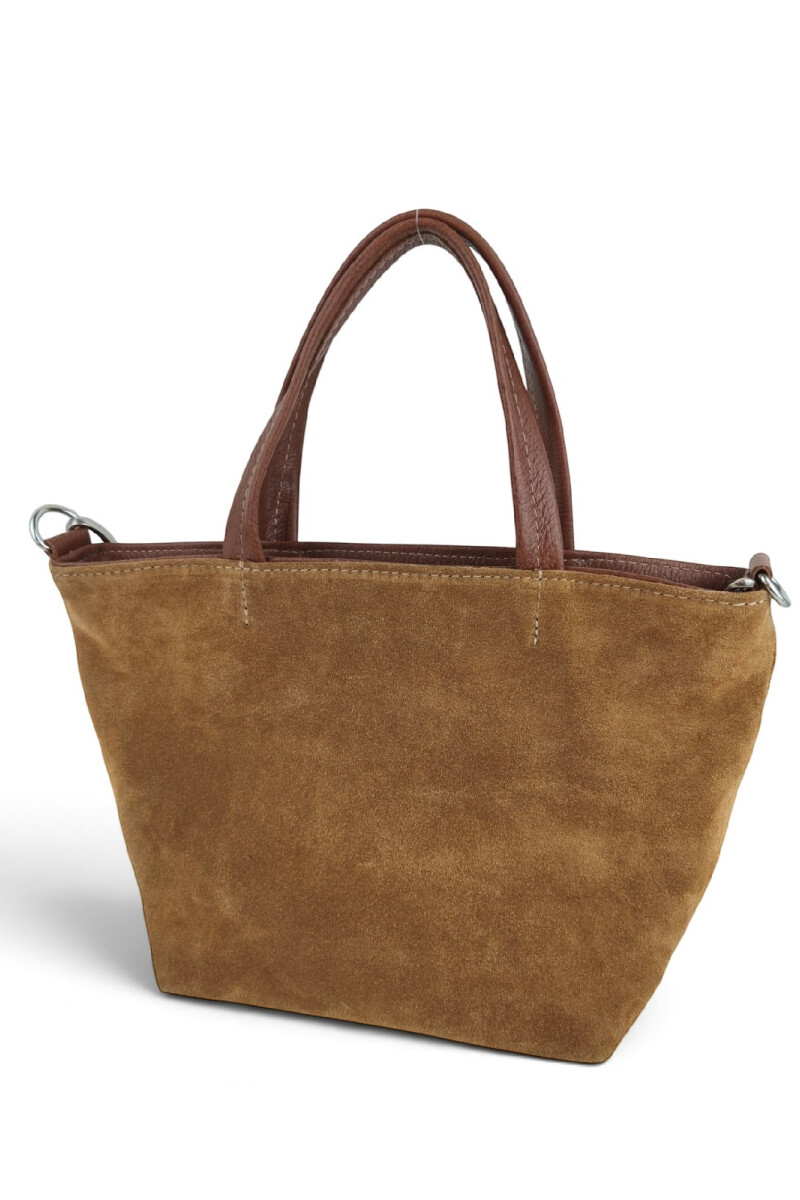 Cartera balde chica en cuero y gamuza Camel